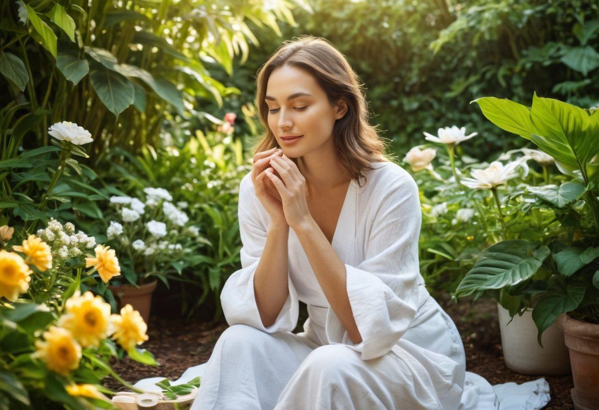 A serene scene of a woman seated in a sunlit garden, surrounded by lush green plants and blooming flowers, showcasing her natural beauty. She is applying gentle skincare, with various natural products like oils and creams artistically arranged around her. Sunlight filters through the leaves, creating a warm, inviting atmosphere that embodies wellness and self-care. This setting symbolizes the secrets of natural beauty, highlighting skincare and makeup tips. super-realistic. vibrant colors. soft focus.
