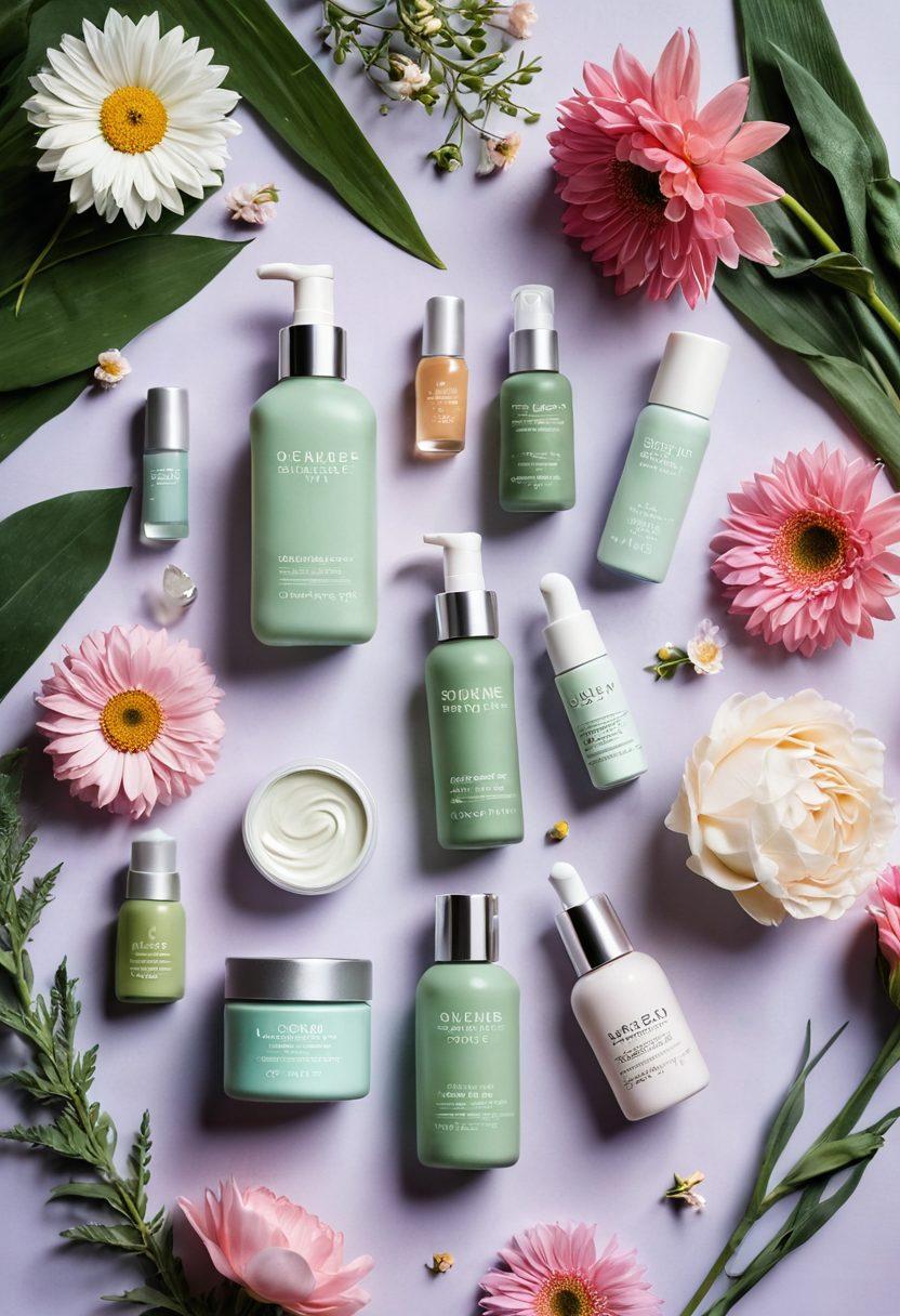 A serene beauty scene featuring an array of cruelty-free beauty products like skincare and cosmetics alongside fresh flowers and natural ingredients, showcasing a vibrant color palette of green and pastel tones. Include a gentle hand reaching for an eco-friendly product, symbolizing care for both self and the planet. Background should be softly blurred to enhance focus on the products. super-realistic. vibrant colors. white background.