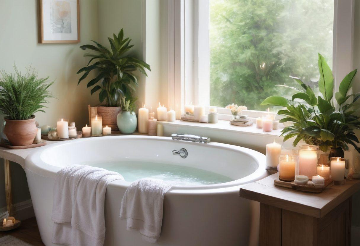 A serene spa-like setting featuring a luxurious bathtub surrounded by candles, lush plants, and skincare products arranged artfully. Include a calming color palette of pastels, a soft towel draped elegantly, and delicate facial masks for an inviting touch. Show hints of natural light filtering through a window to create an uplifting atmosphere. watercolor. soft focus. warm tones.
